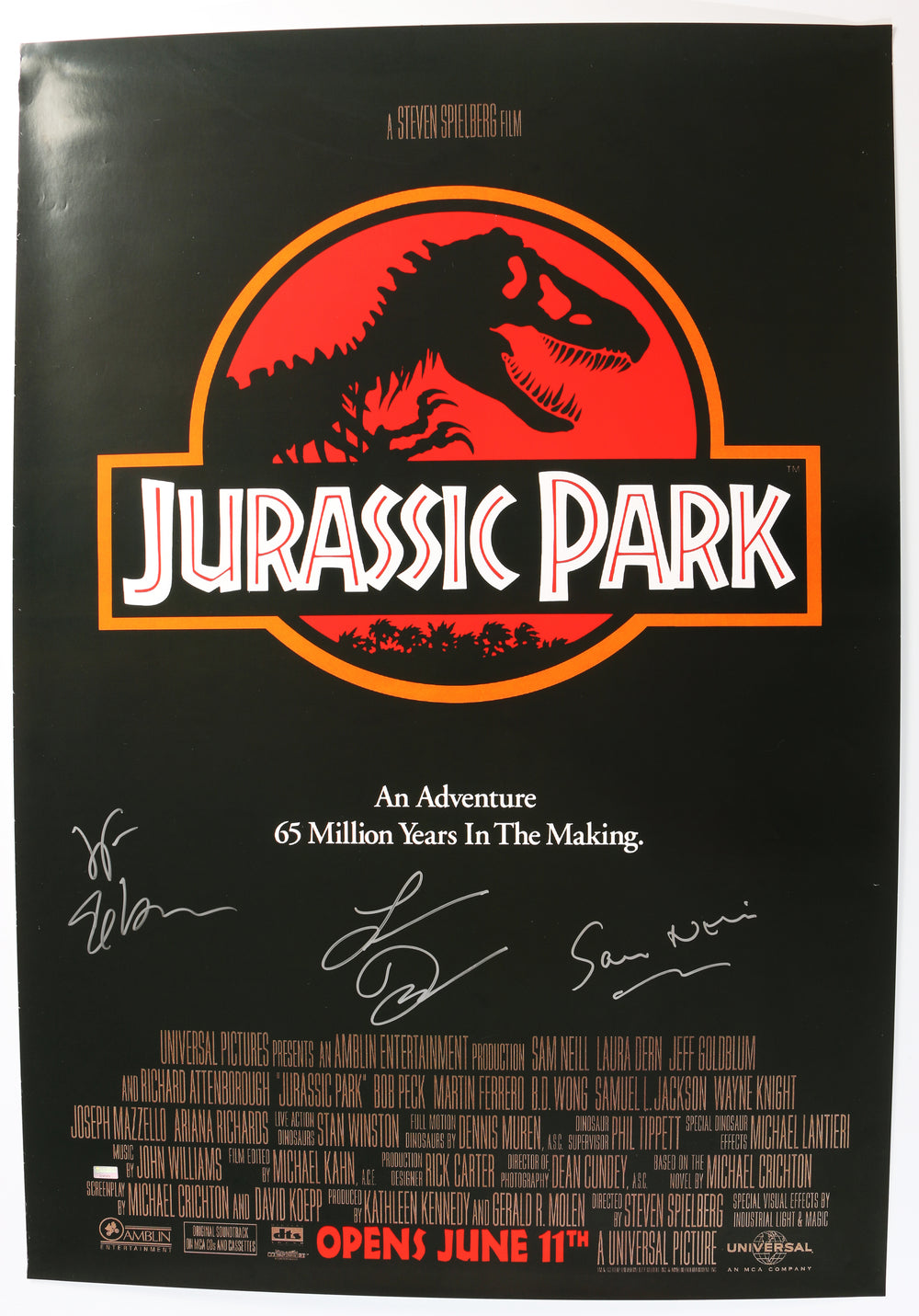 Jurassic Park 27x39 Poster (Celebrity Authentics) Cast Signed by Sam Neill, Laura Dern, & Jeff Goldblum