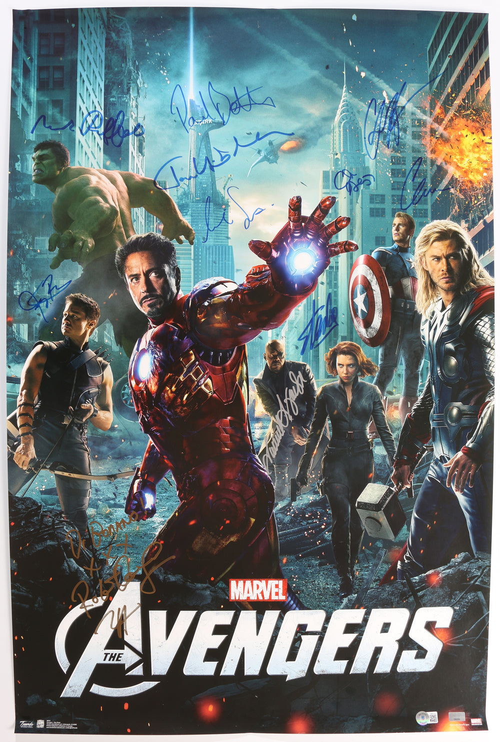 Avengers 22x34 Poster Cast Signed by Robert Downey Jr., Chris Evans, Chris Hemsworth, Mark Ruffalo, Jeremy Renner, Paul Bettany, Tom Hiddleston, Clark Gregg, Cobie Smulders, Samuel L. Jackson, & Stan Lee