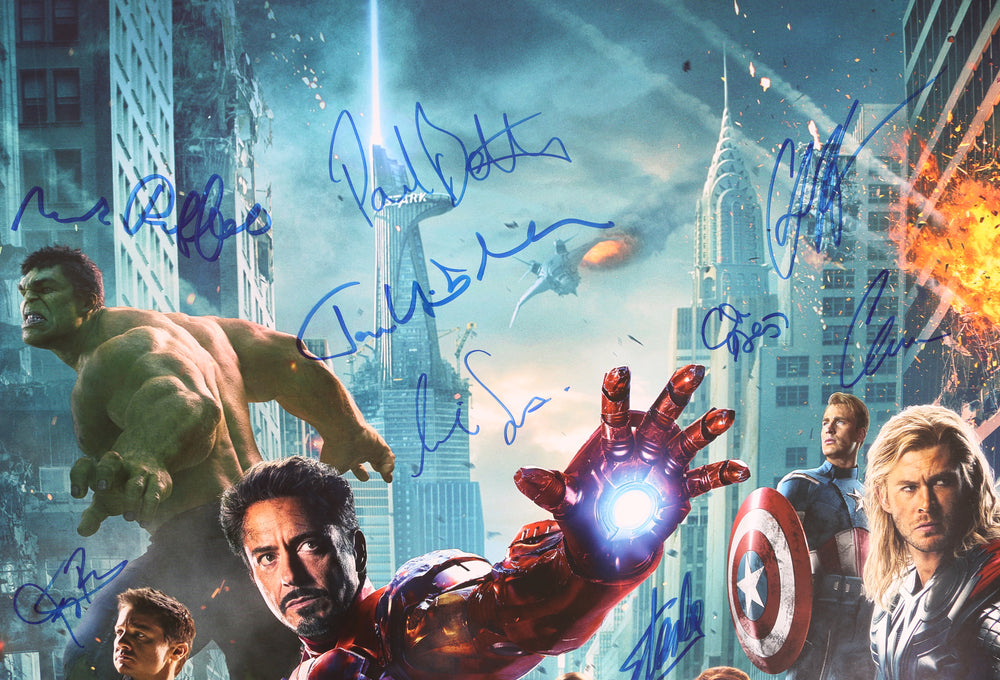 
                  
                    Avengers 22x34 Poster Cast Signed by Robert Downey Jr., Chris Evans, Chris Hemsworth, Mark Ruffalo, Jeremy Renner, Paul Bettany, Tom Hiddleston, Clark Gregg, Cobie Smulders, Samuel L. Jackson, & Stan Lee
                  
                