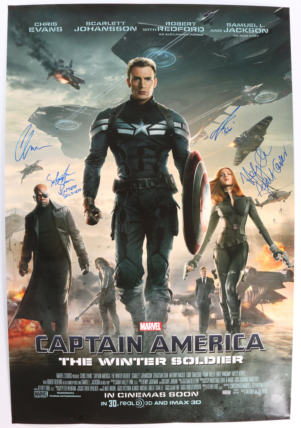 Captain America: The Winter Soldier 27x40 Poster (Celebrity Authentics) Cast Signed by Chris Evans, Sebastian Stan, Anthony Mackie, and Hayley Atwell with Character Names