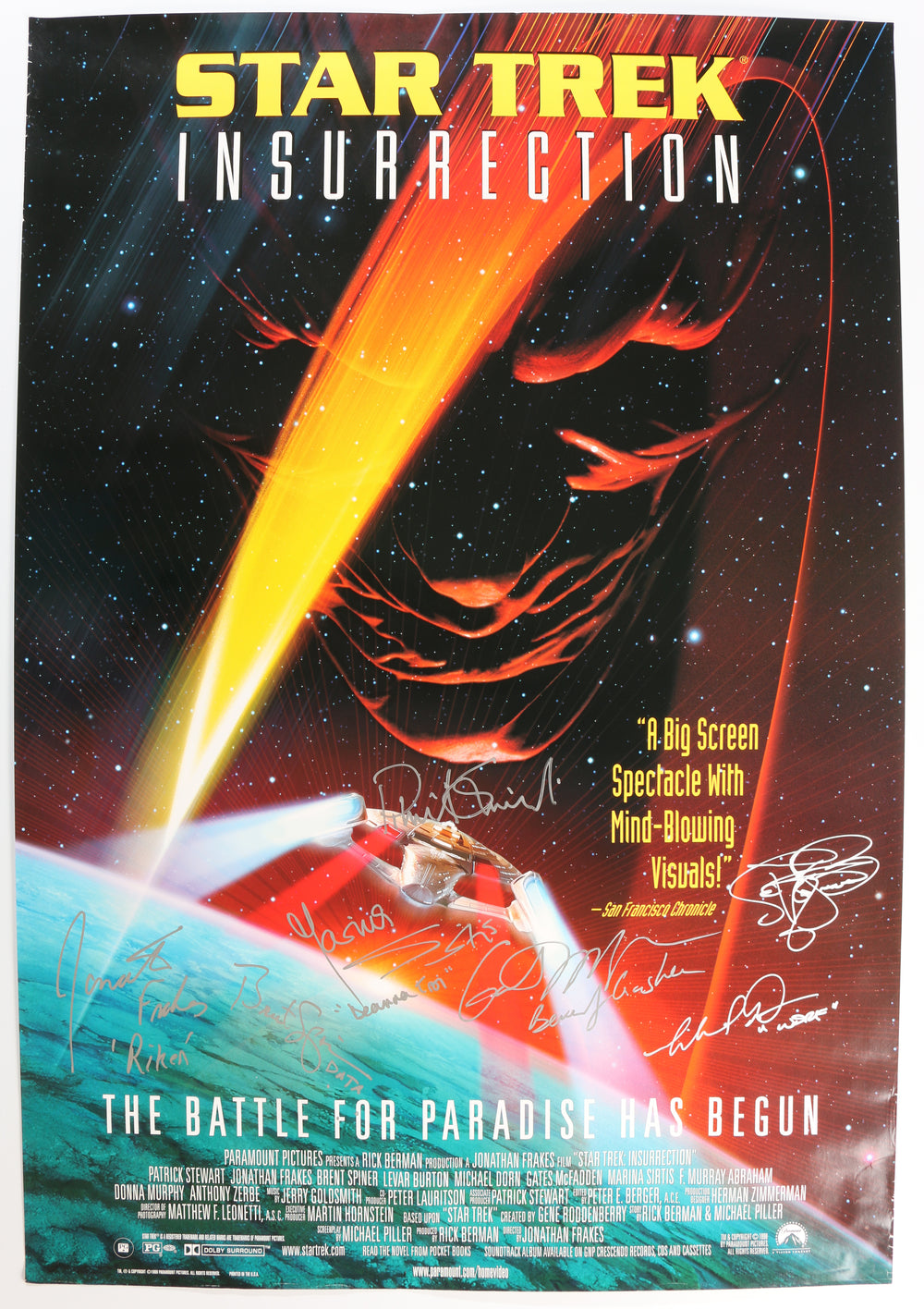 Star Trek: Insurrection 27x39.5 Poster Cast Signed by Patrick Stewart, Jonathan Frakes, Brent Spiner, Marina Sirtis, Gates McFadden, LeVar Burton, & Michael Dorn