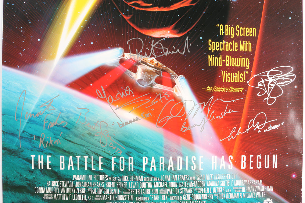 
                  
                    Star Trek: Insurrection 27x39.5 Poster Cast Signed by Patrick Stewart, Jonathan Frakes, Brent Spiner, Marina Sirtis, Gates McFadden, LeVar Burton, & Michael Dorn
                  
                