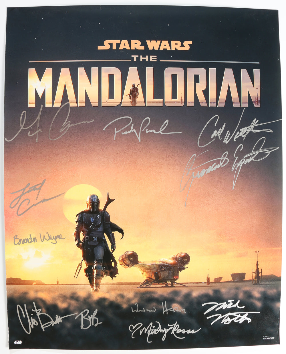 Star Wars: The Mandalorian (SWAU) 16x20 Mini Poster Cast Signed by Pedro Pascal, Giancarlo Espisito, Carl Weathers, Gina Carano, Brendan Wayne, Lateef Crowder, Chris Bartlett, Nick Nolte, Misty Rosas, and Werner Herzog