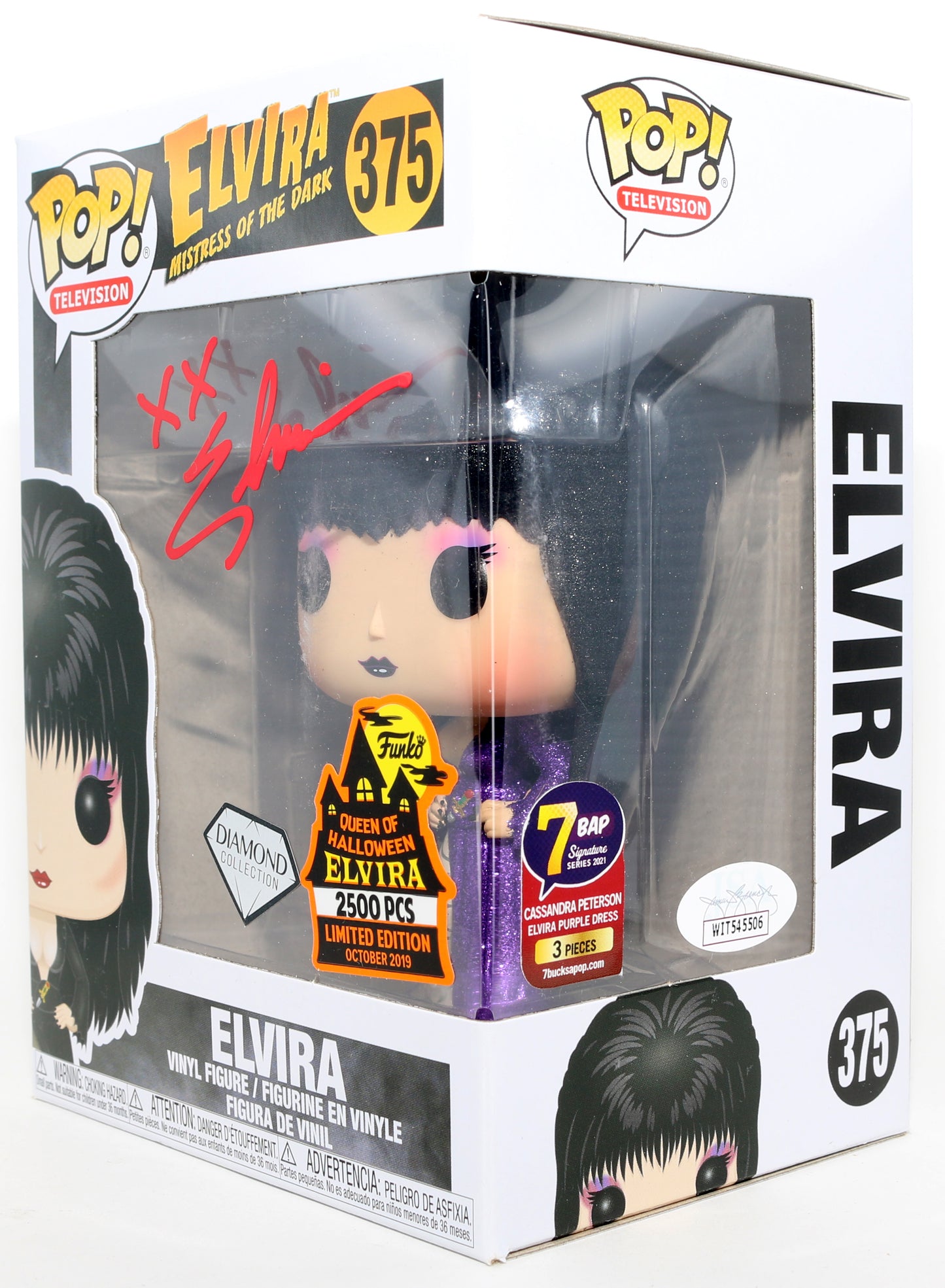 
                  
                    Cassandra Peterson as Elvira in Elvira: Mistress of the Dark Diamond Collection Queen of Halloween 2500 Pcs 7 BAP Signature Series (JSA) Signed Funko POP! #375
                  
                