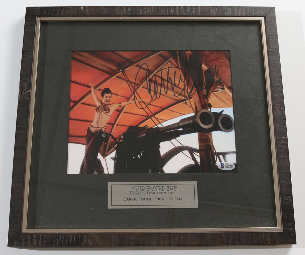 Carrie Fisher as Slave Princess Leia in Star Wars: Return of the Jedi (Beckett) Signed 8x10 Photo Framed with a Plaque