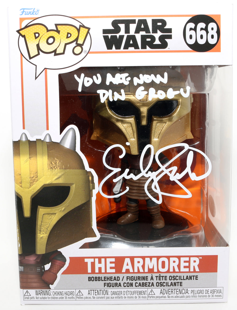 Emily Swallow as the Armorer in Star Wars: The Mandalorian (JSA) Signed Funko POP! #668 with Quote