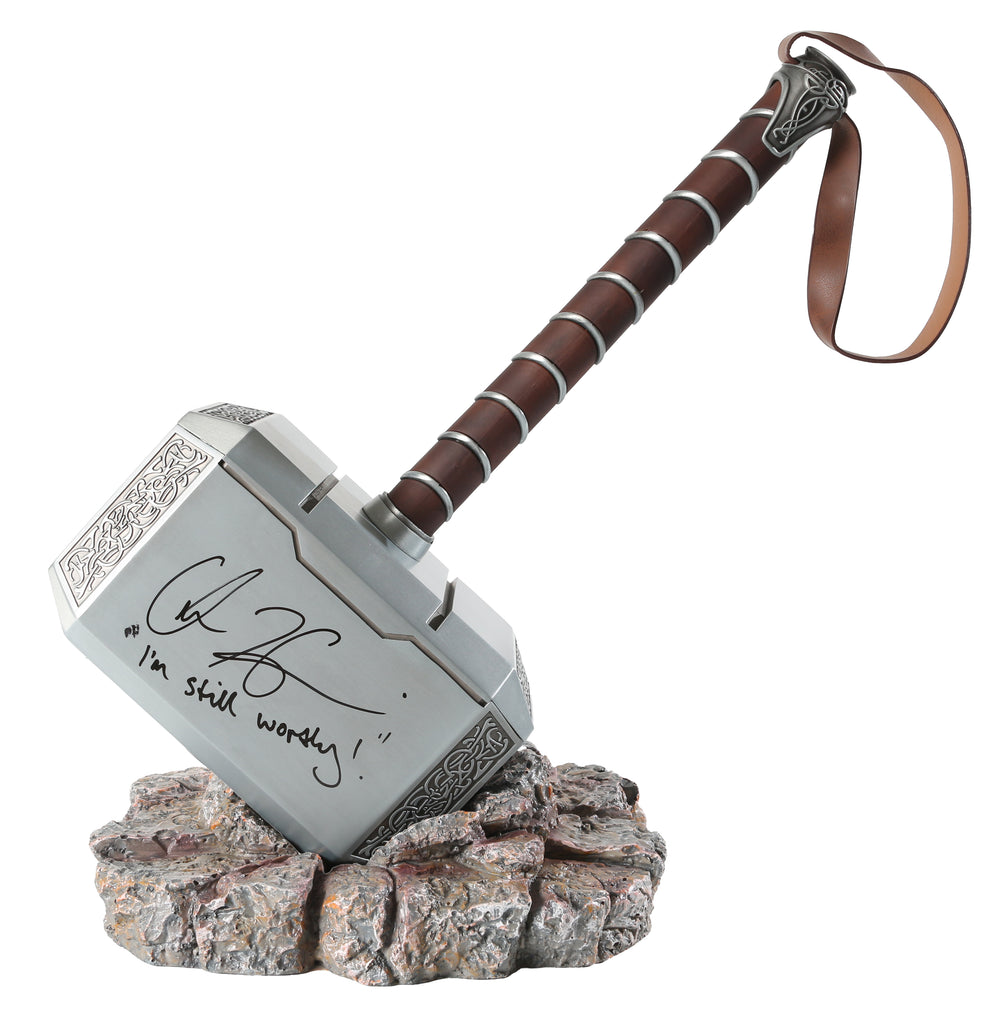 Thor Mjolnir Heavy Metal & Leather Prop Replica Hammer Signed by Chris Hemsworth with Great Quote