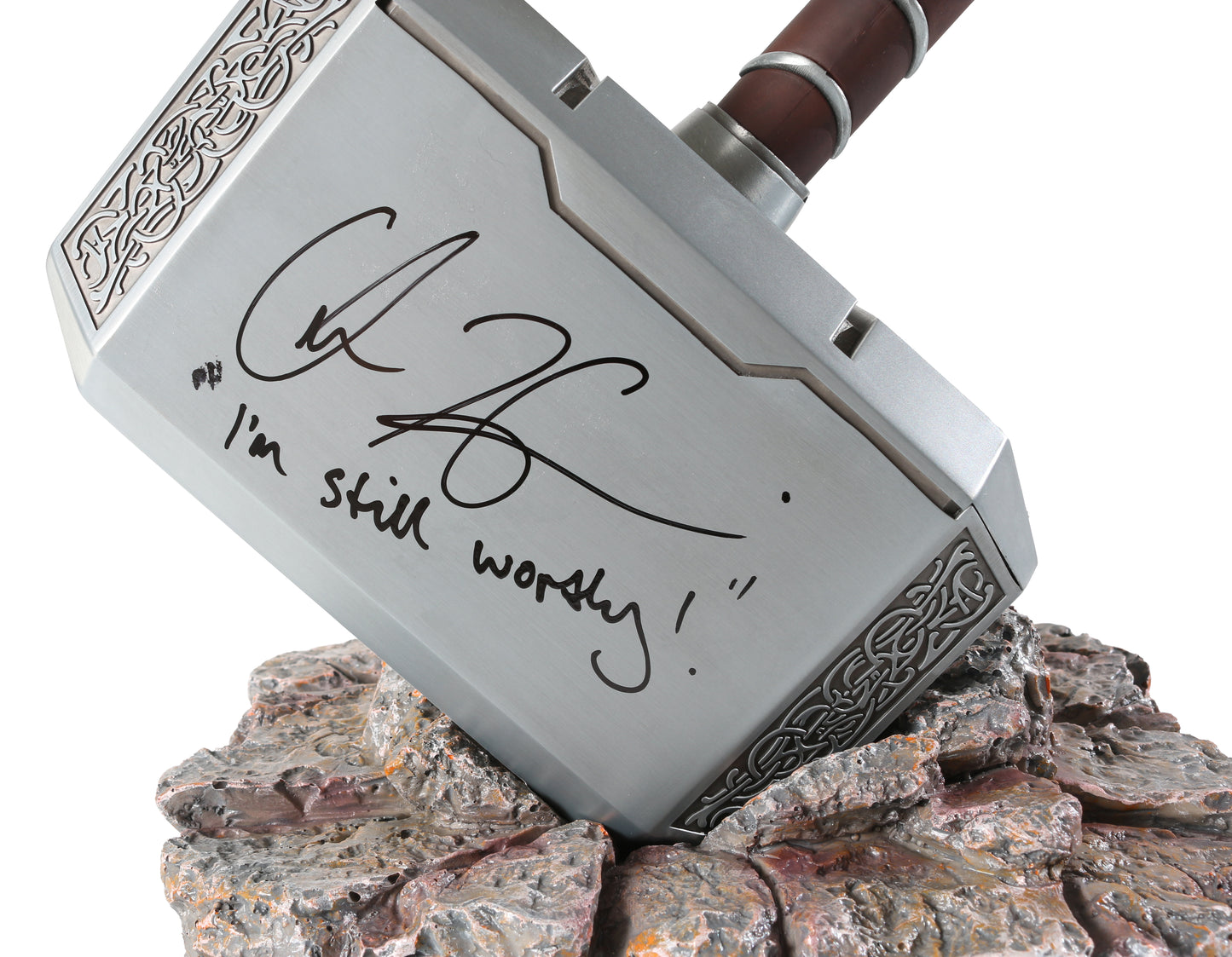 
                  
                    Thor Mjolnir Heavy Metal & Leather Prop Replica Hammer Signed by Chris Hemsworth with Great Quote
                  
                