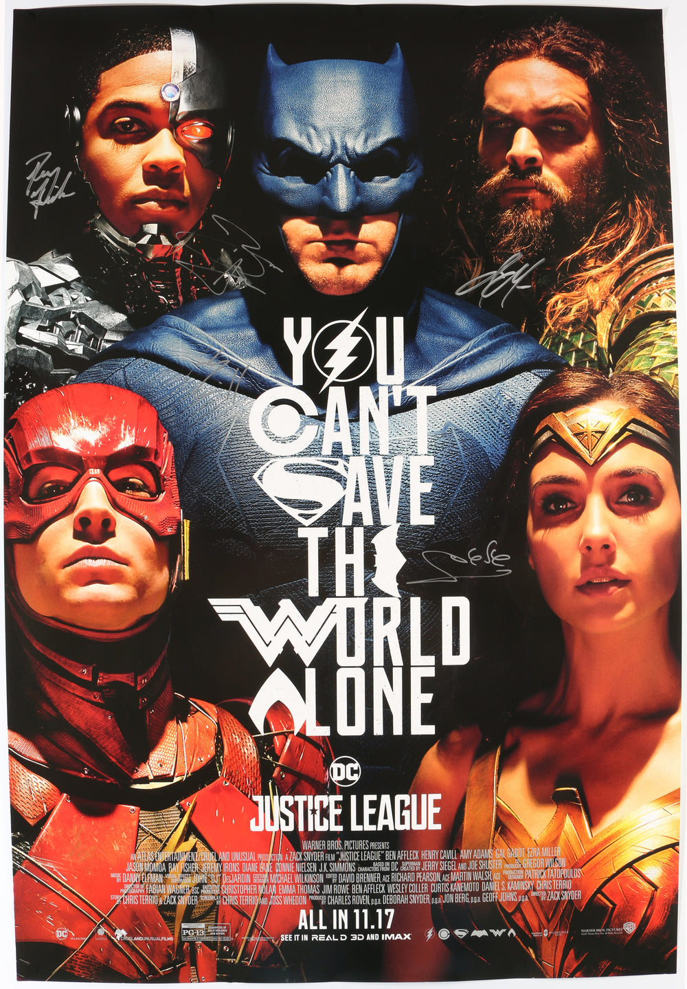 Justice League 27x40 Poster Cast Signed by Ben Affleck, Jason Momoa, Gal Gadot, Ray Fisher, Ezra Miller, & Henry Cavill