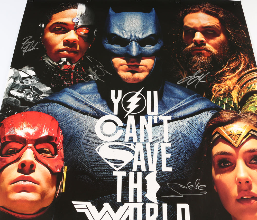 
                  
                    Justice League 27x40 Poster Cast Signed by Ben Affleck, Jason Momoa, Gal Gadot, Ray Fisher, Ezra Miller, & Henry Cavill
                  
                