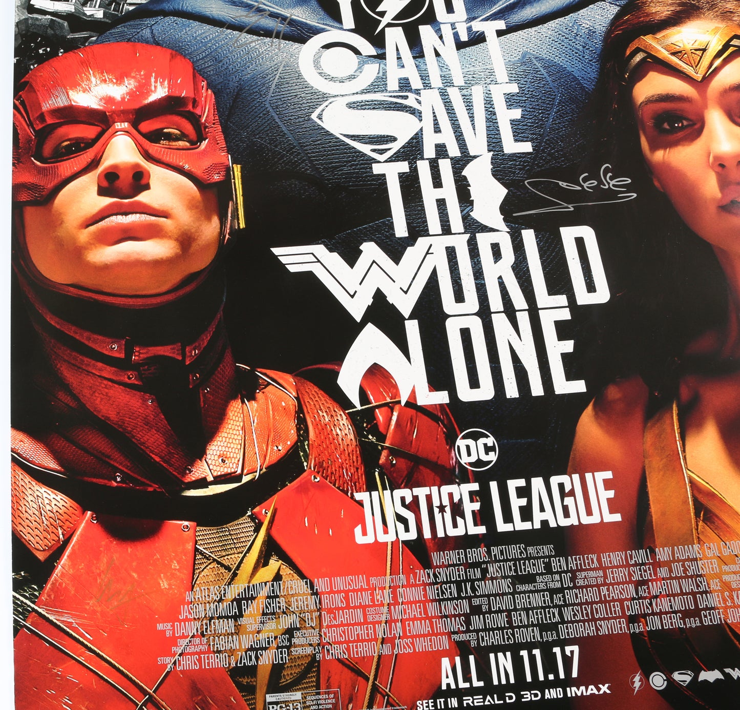
                  
                    Justice League 27x40 Poster Cast Signed by Ben Affleck, Jason Momoa, Gal Gadot, Ray Fisher, Ezra Miller, & Henry Cavill
                  
                