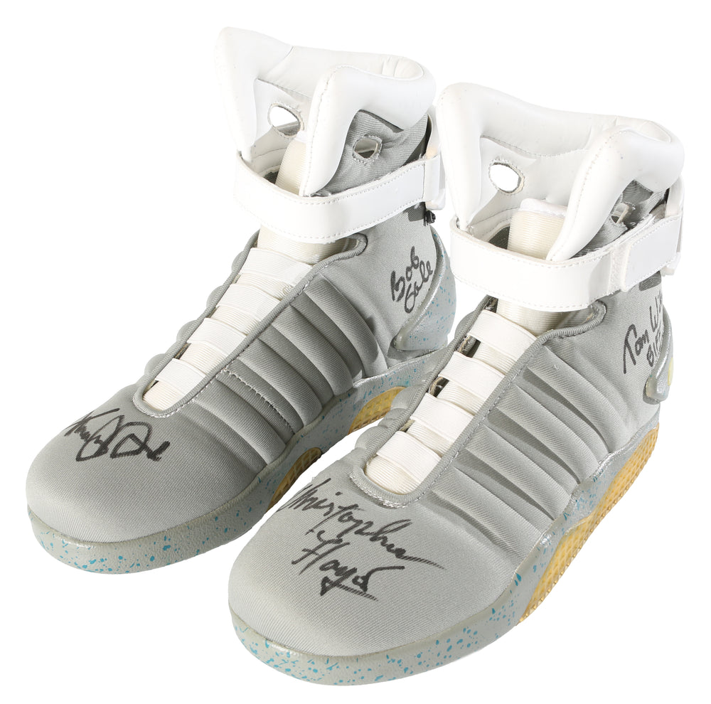 Back to the Future Part II Prop Replica Electronic Light Up Nike Sneakers (Celebrity Authentics) Cast Signed by Michael J Fox, Christopher Lloyd, Lea Thompson, Tom Wilson, & Bob Gale with Character Names