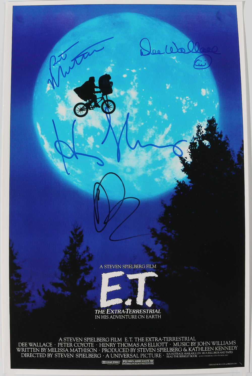 E.T. the Extra-Terrestrial 11x17 Mini Poster Cast Signed by Henry Thomas, Dee Wallace, Drew Barrymore, & Robert MacNaughton