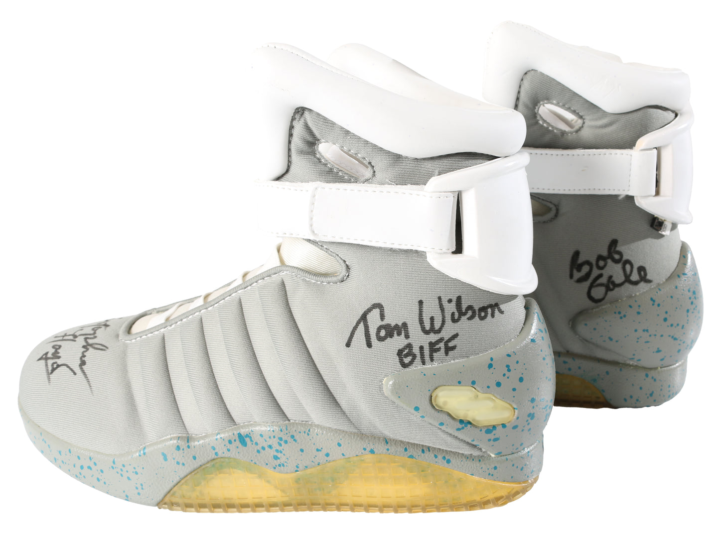 
                  
                    Back to the Future Part II Prop Replica Electronic Light Up Nike Sneakers (Celebrity Authentics) Cast Signed by Michael J Fox, Christopher Lloyd, Lea Thompson, Tom Wilson, & Bob Gale with Character Names
                  
                