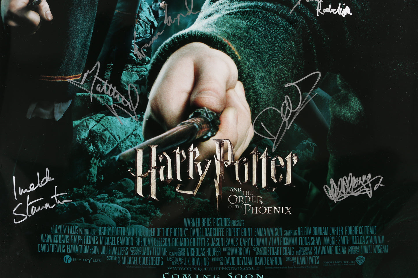 
                  
                    Harry Potter & the Order of the Phoenix 27x40 Poster Cast Signed by Daniel Radcliffe, Emma Watson, Rupert Grint, Katie Leung, Matthew Lewis, Evanna Lynch, Imelda Staunton, Bonnie Wright, & Director: David Yates
                  
                