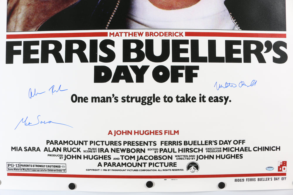 
                  
                    Matthew Broderick as Ferris Bueller, Alan Ruck as Cameron Frye, & Mia Sara as Sloane Peterson in Ferris Bueller's Day Off Signed 27x40 Poster
                  
                