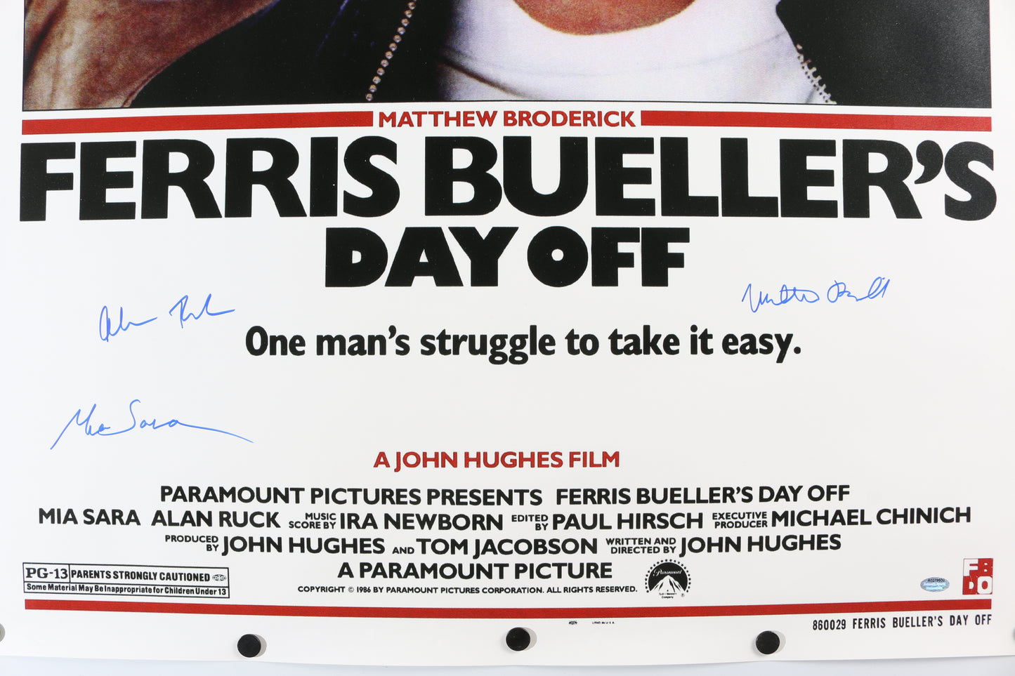 
                  
                    Matthew Broderick as Ferris Bueller, Alan Ruck as Cameron Frye, & Mia Sara as Sloane Peterson in Ferris Bueller's Day Off Signed 27x40 Poster
                  
                