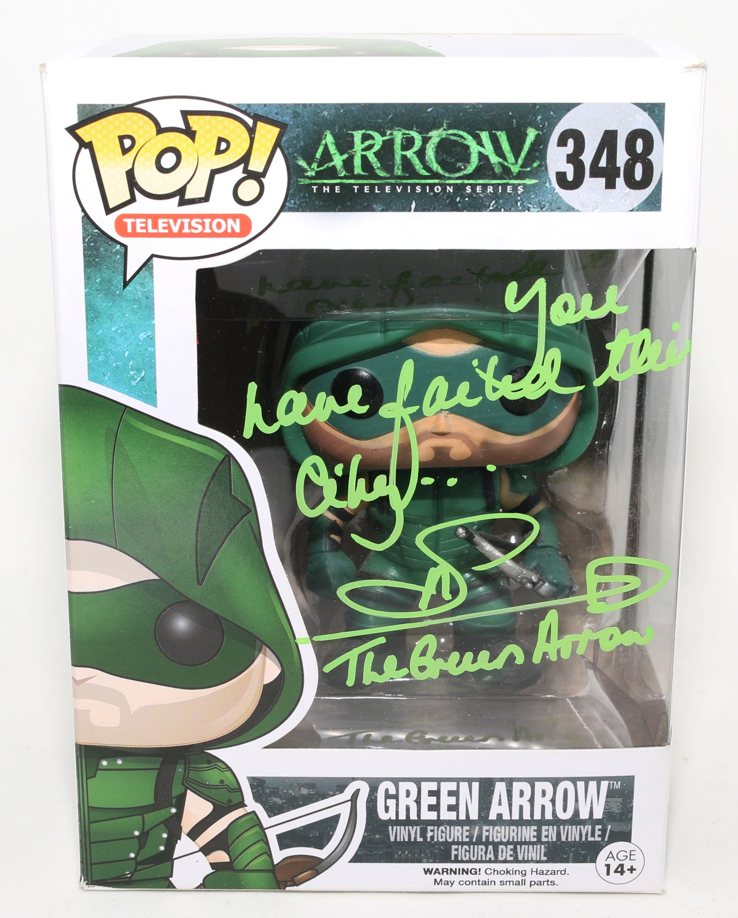 
                  
                    Stephen Amell as The Green Arrow in Arrowverse Signed Funko POP! #348 with Character Name and Quote
                  
                