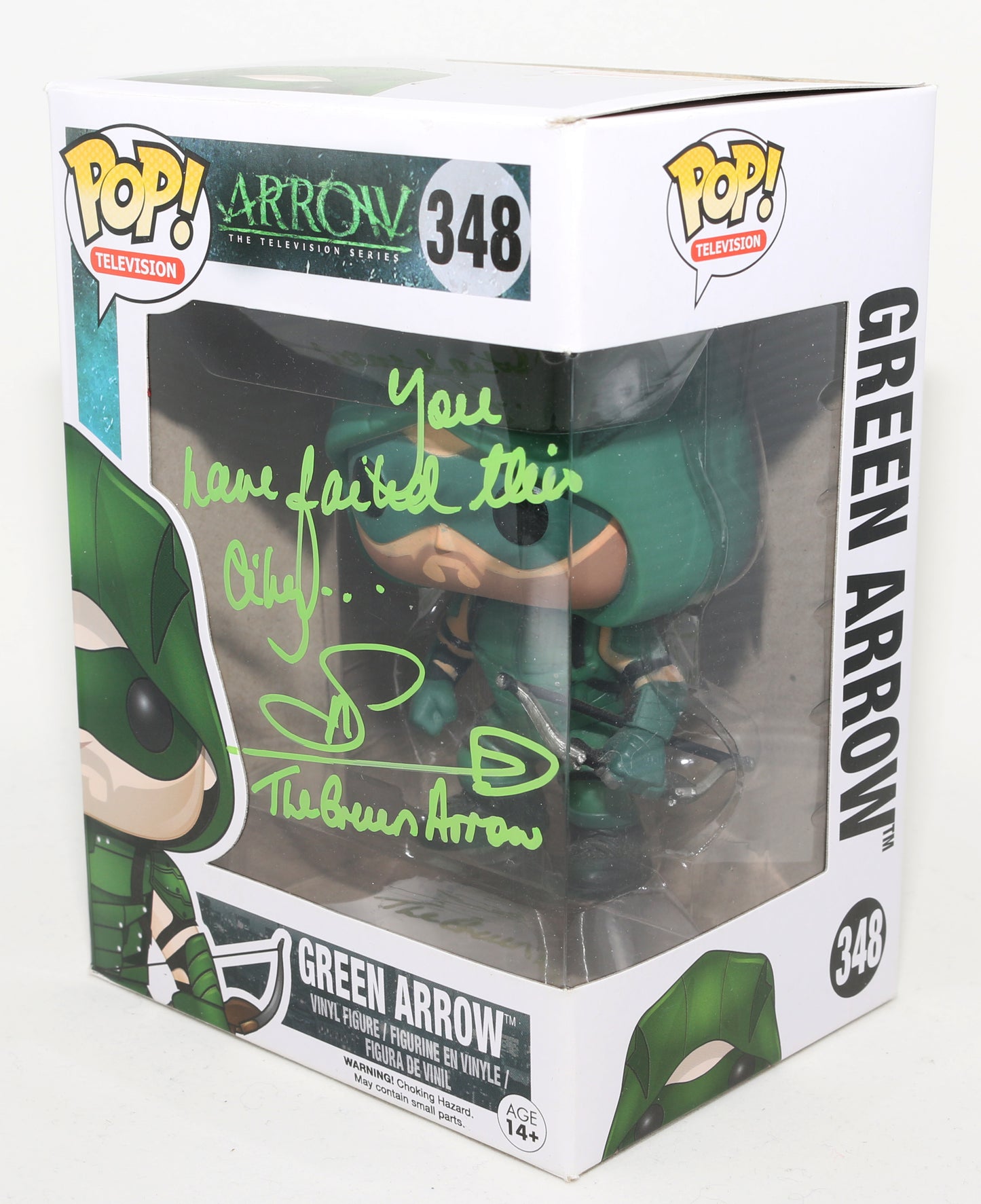 
                  
                    Stephen Amell as The Green Arrow in Arrowverse Signed Funko POP! #348 with Character Name and Quote
                  
                