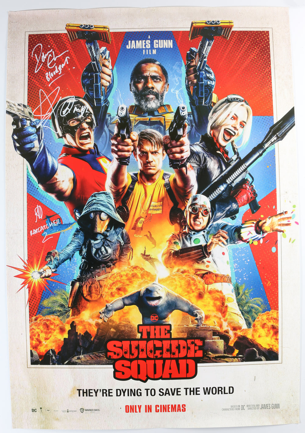 Idris Elba as Bloodsport, John Cena as Peacemaker, & Daniela Melchior as Ratcatcher 2 in The Suicide Squad (SWAU) Signed 27x40 Poster with Character Names