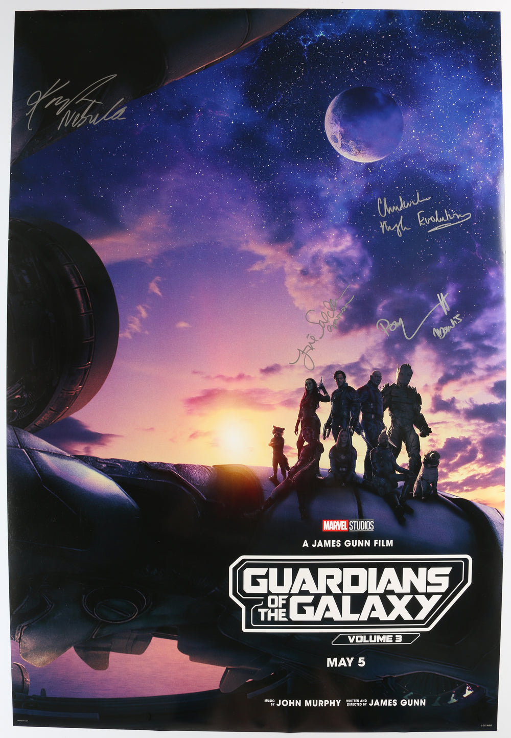 Guardians of the Galaxy Vol. 3 27x40 Poster Cast Signed by Zoe Saldaña, Karen Gillan, Pom Klementieff, & Chukwudi Iwuji with Character Names