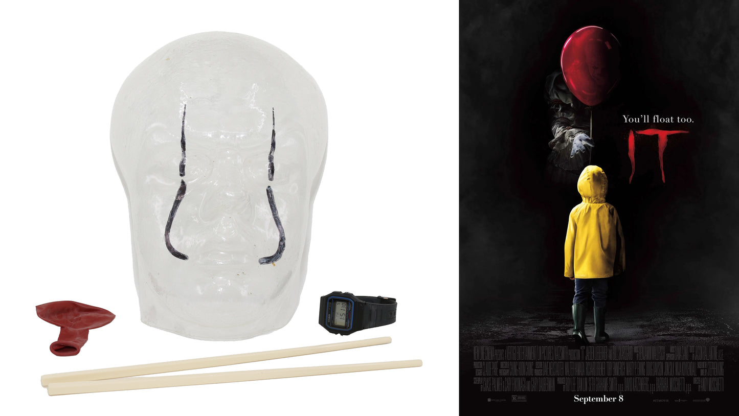 
                  
                    Stephen King's IT Prop LOT - Creature Pennywise Production Makeup Lifecast Mask, Balloon, Missing Child's Watch, & Chopsticks Movie - 2017
                  
                