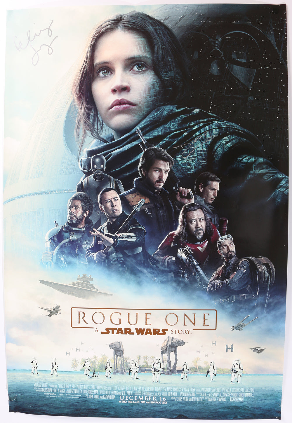 Diego Luna as Cassian Andor & Felicity Jones as Jyn Erso in Rogue One: A Star Wars Story (SWAU) Signed 27x40 Poster
