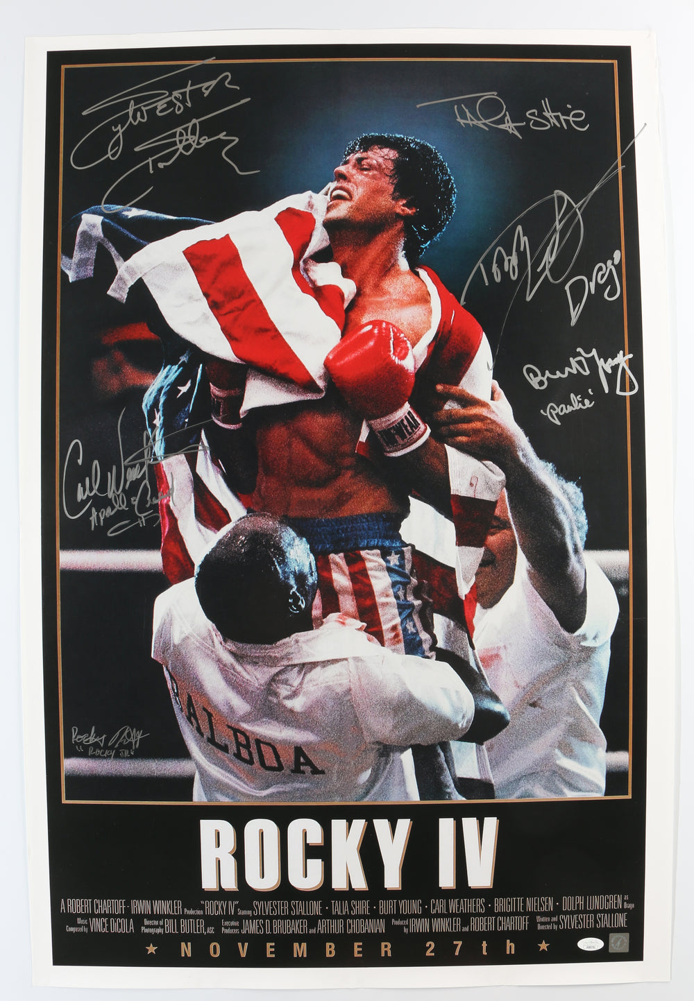 Rocky IV (JSA) 27x40 Poster Cast Signed by Sylvester Stallone, Talia Shire, Carl Weathers, Burt Young, Dolph Lundgren, & Rocky Krakoff with Character Names