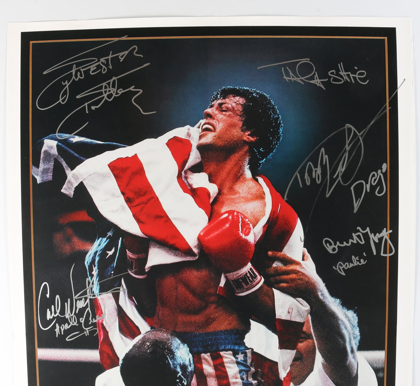 
                  
                    Rocky IV (JSA) 27x40 Poster Cast Signed by Sylvester Stallone, Talia Shire, Carl Weathers, Burt Young, Dolph Lundgren, & Rocky Krakoff with Character Names
                  
                