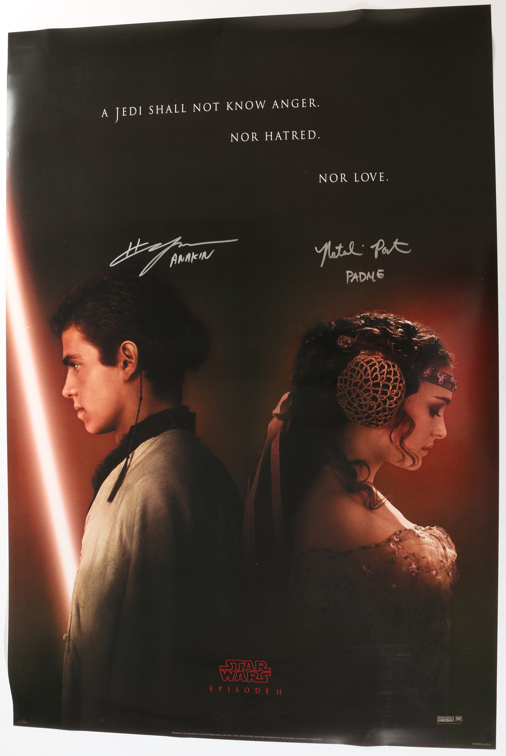 Hayden Christensen as Anakin Skywalker & Natalie Portman as Padme Amidala in Star Wars Episode II: Attack of the Clones (SWAU) Signed 27x40 Poster with Character Names