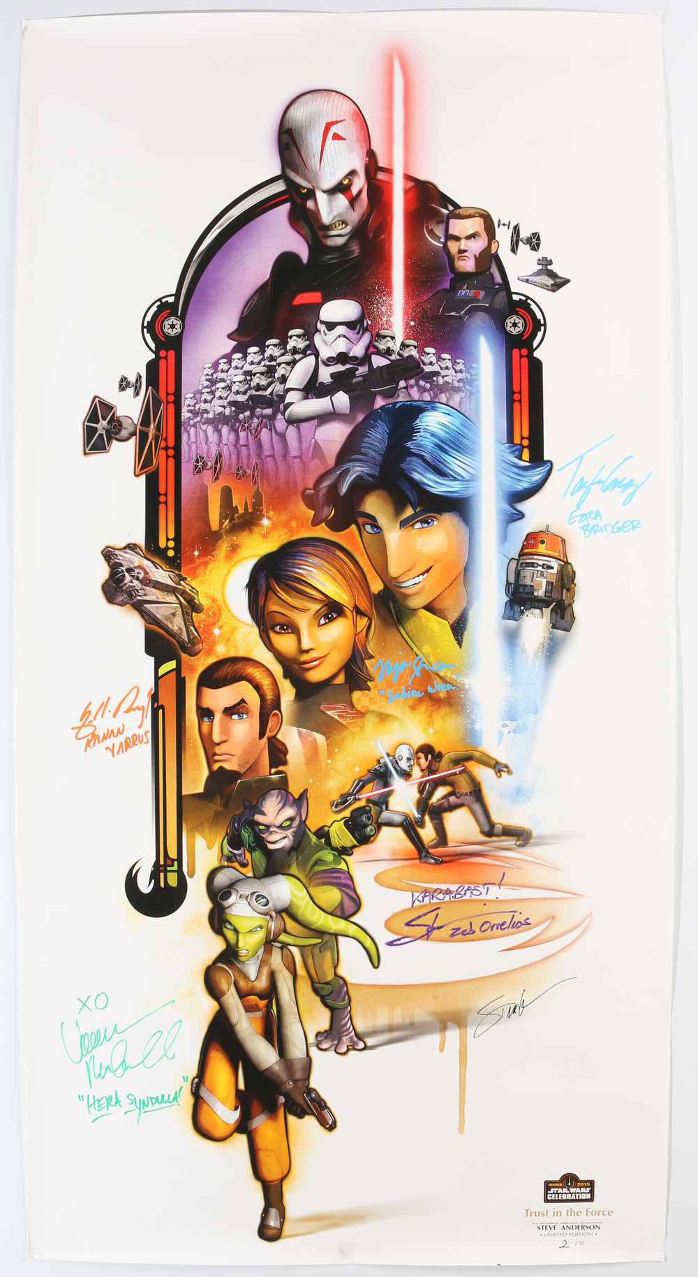 Star Wars: Rebels 20x37 Poster Cast Signed by Vanessa Marshall, Freddie Prinze Jr., Taylor Gray, Tiya Sircar, & Steve Blum with Character Name