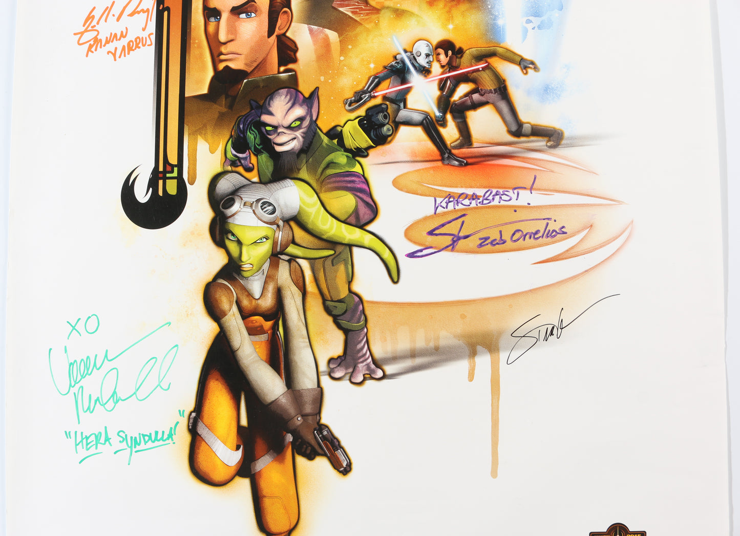 
                  
                    Star Wars: Rebels 20x37 Poster Cast Signed by Vanessa Marshall, Freddie Prinze Jr., Taylor Gray, Tiya Sircar, & Steve Blum with Character Name
                  
                