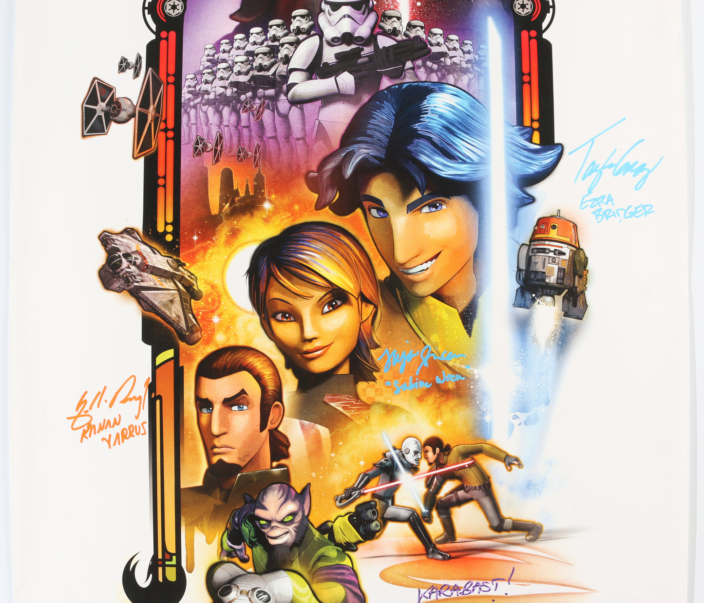
                  
                    Star Wars: Rebels 20x37 Poster Cast Signed by Vanessa Marshall, Freddie Prinze Jr., Taylor Gray, Tiya Sircar, & Steve Blum with Character Name
                  
                