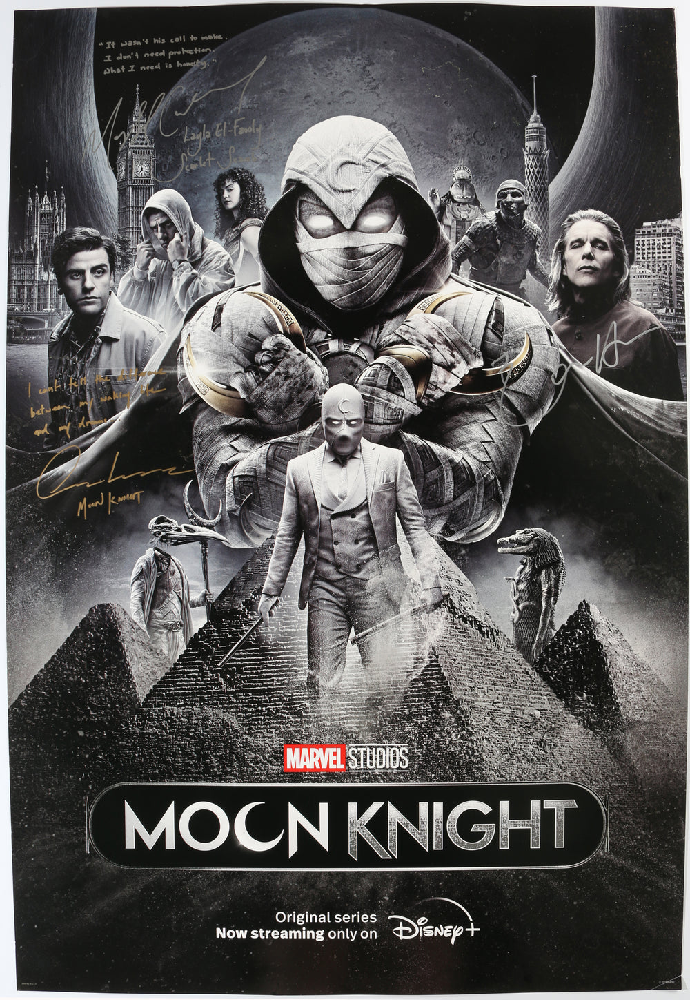 Oscar Isaac as Marc Spector, May Calamawy as Layla El-Faouly, & Ethan Hawke as Arthur Harrow in Moon Knight Signed 27x40 Poster with Character Names & Quotes
