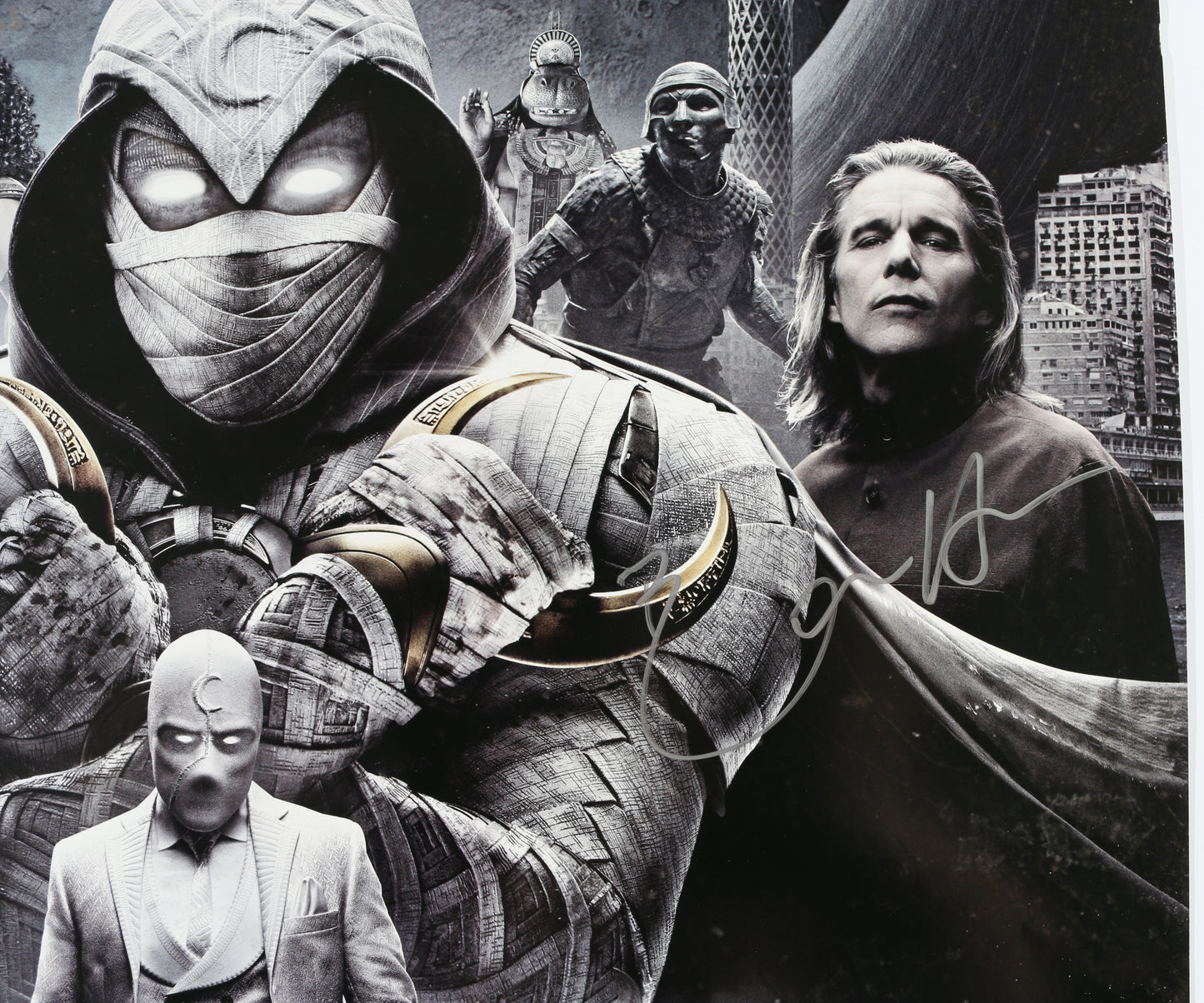 
                  
                    Oscar Isaac as Marc Spector, May Calamawy as Layla El-Faouly, & Ethan Hawke as Arthur Harrow in Moon Knight Signed 27x40 Poster with Character Names & Quotes
                  
                