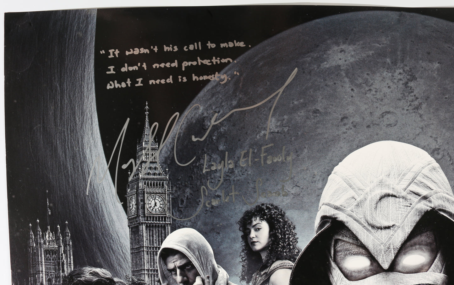 
                  
                    Oscar Isaac as Marc Spector, May Calamawy as Layla El-Faouly, & Ethan Hawke as Arthur Harrow in Moon Knight Signed 27x40 Poster with Character Names & Quotes
                  
                