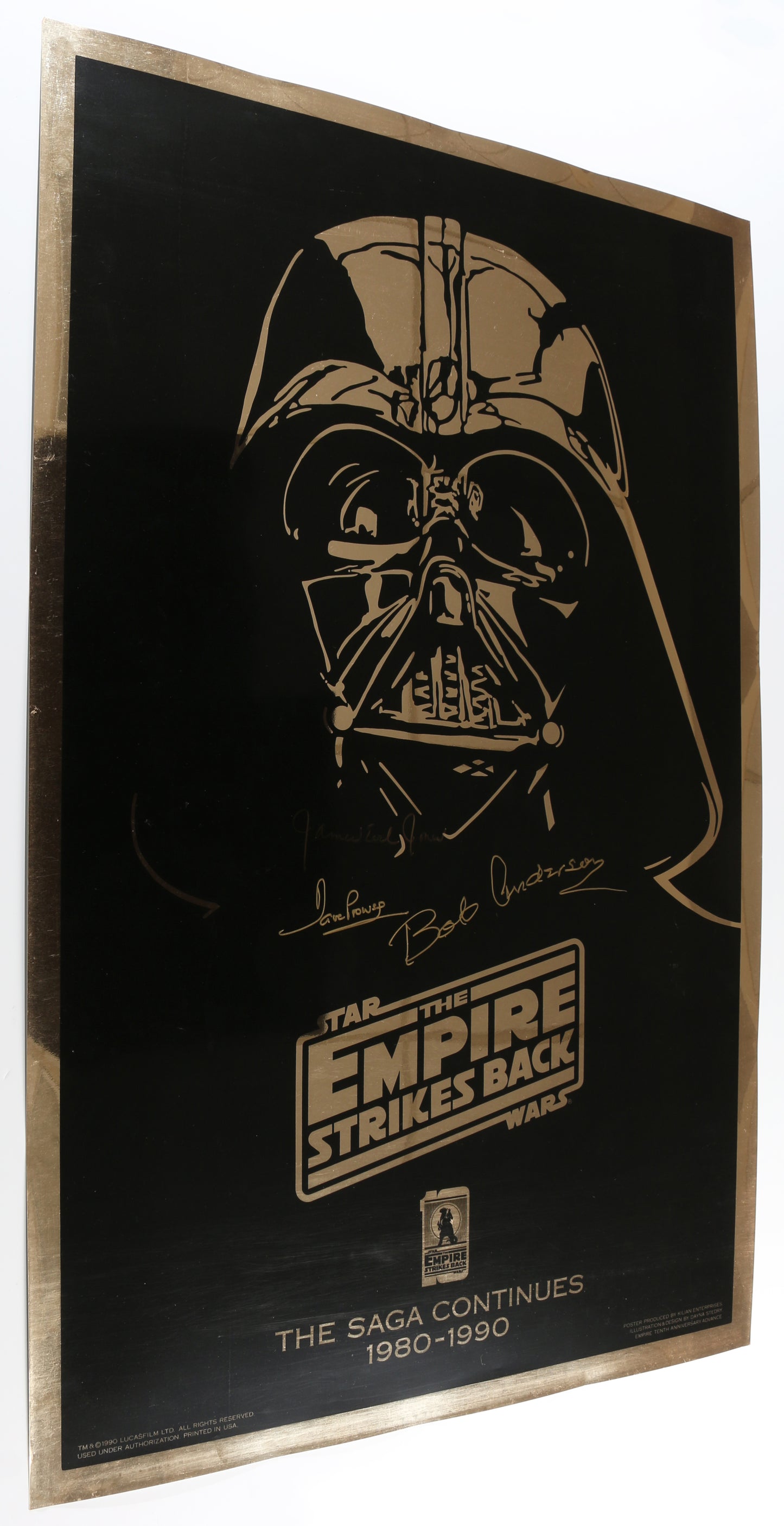 
                  
                    James Earl Jones, Dave Prowse, & Bob Anderson as Darth Vader in Star Wars: The Empire Strikes Back Signed 27x41 Gold Foil Poster
                  
                