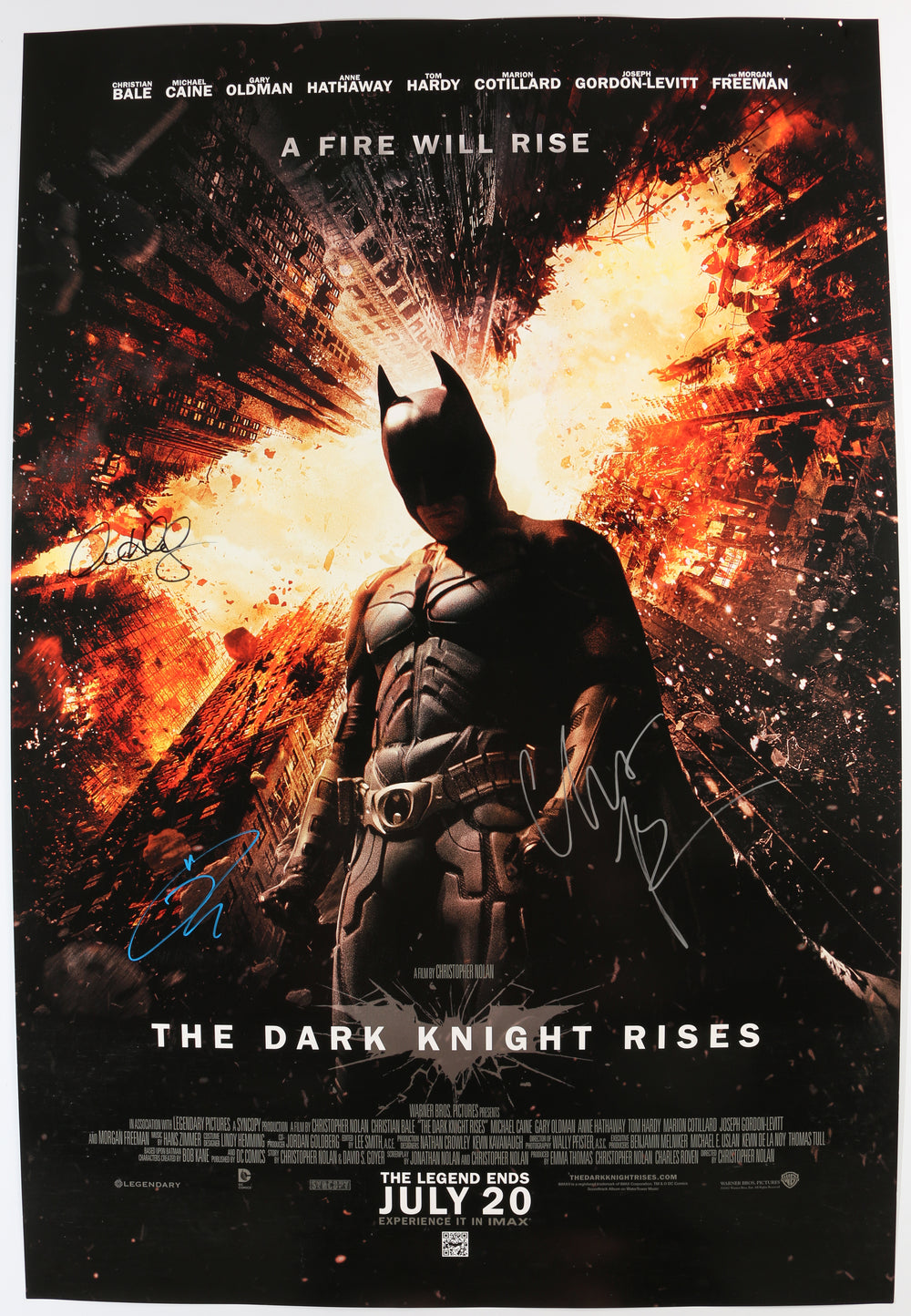 Christian Bale as Batman, Anne Hathaway as Catwoman, & Tom Hardy as Bane in The Dark Knight Rises Signed 27x40 Double-Sided Poster