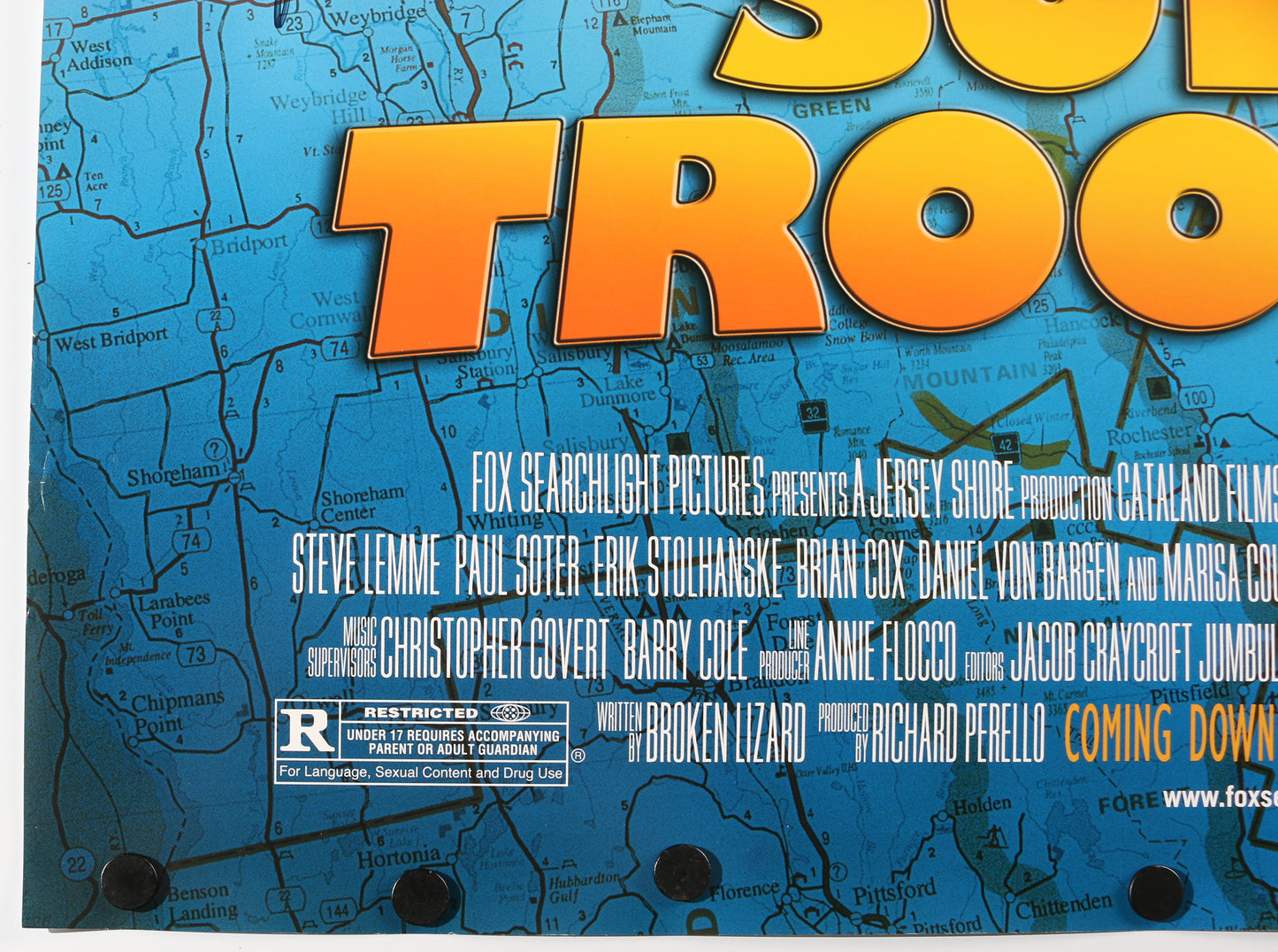 
                  
                    Super Troopers (JSA) 27x40 Poster Cast Signed by Jay Chandrasekhar, Kevin Hefferman, Steve Lemme, Erik Stolhanske, & Paul Soter
                  
                