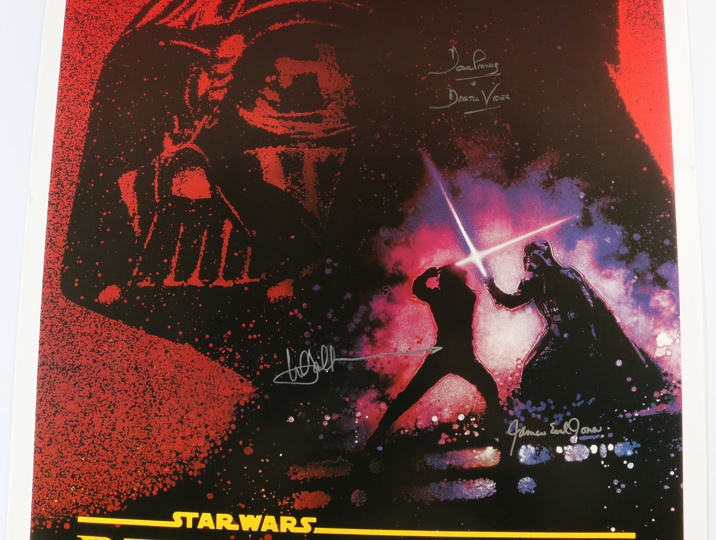 
                  
                    Mark Hamill as Luke Skywalker with James Earl Jones & Dave Prowse as Darth Vader in Star Wars: Revenge of the Jedi (Star Wars Topps Authentics) Signed 27x40 Poster with Character Name
                  
                