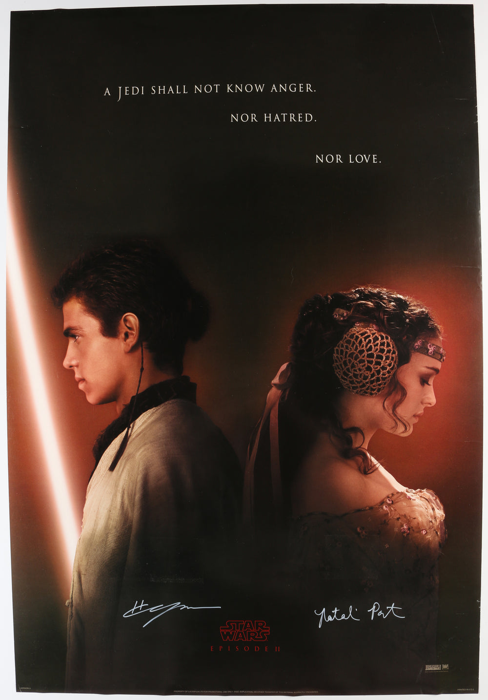 Hayden Christensen as Anakin Skywalker & Natalie Portman as Padme Amidala in Star Wars Episode II: Attack of the Clones (SWAU) Signed 27x40 Poster