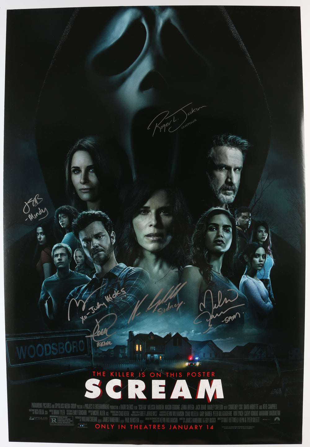 Scream 5 (Beckett) 27x40 Double-Sided Poster Cast Signed by Neve Campbell, Jack Quaid, Roger L. Jackson, Melissa Barrera, Jasmin Savoy Brown, & Marley Shelton with Character Names