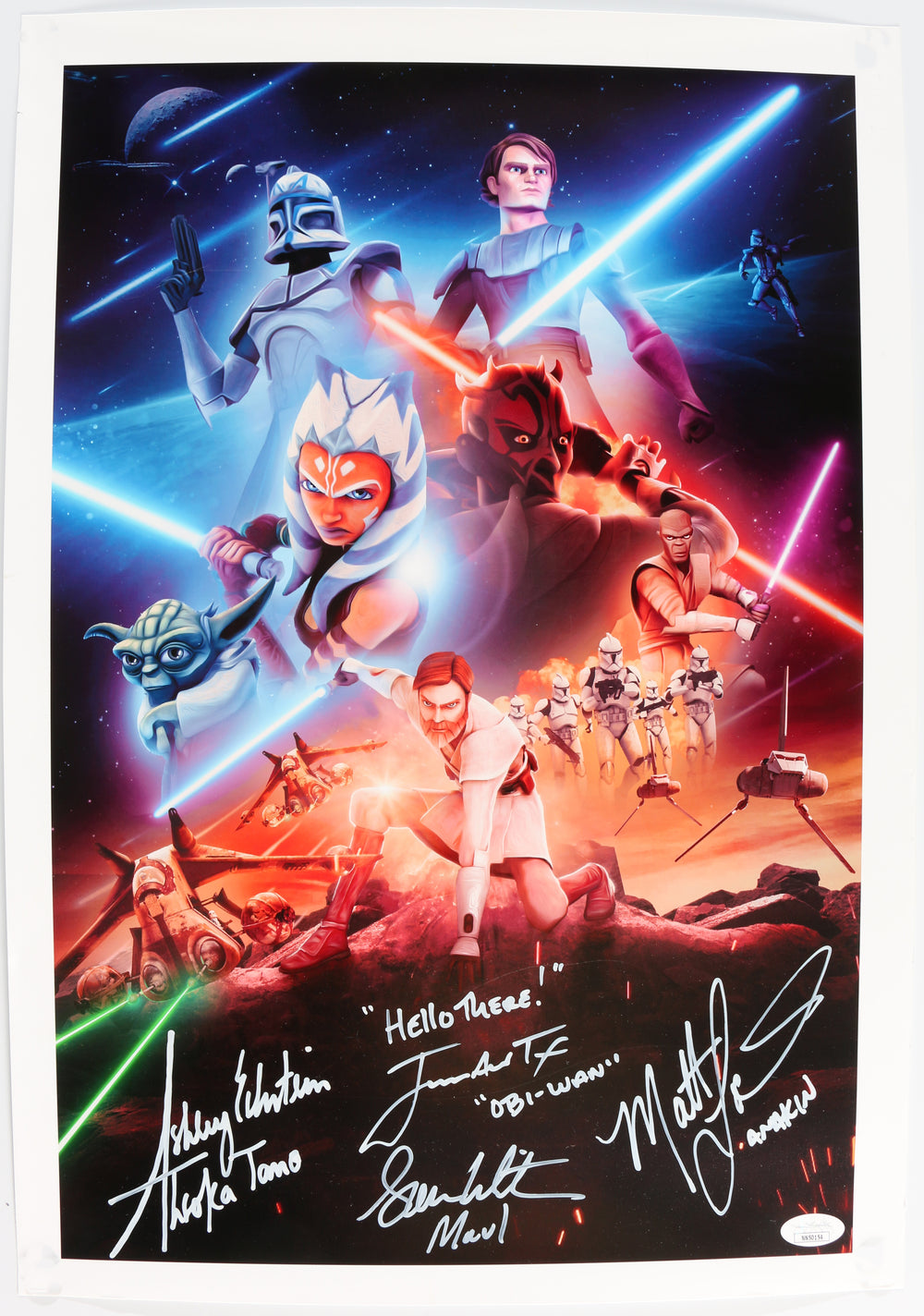 Star Wars: The Clone Wars (JSA) 13.5x19 Mini Poster Cast Signed by Matt Lanter, Ashley Eckstein, James Arnold Taylor, & Sam Witwer with Character Names