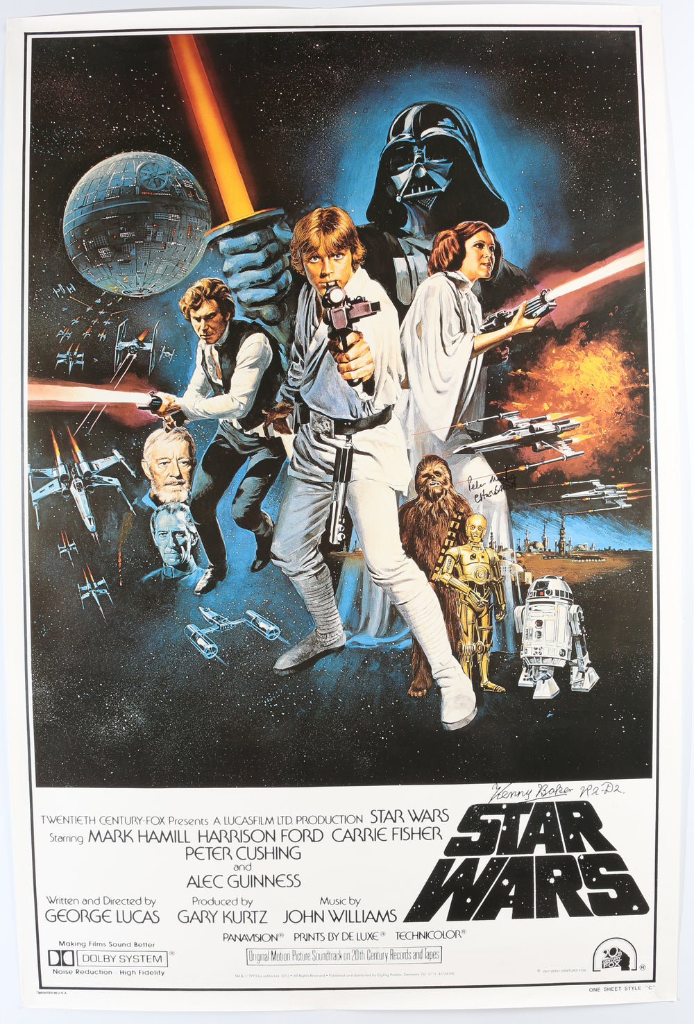 Peter Mayhew as Chewbacca & Kenny Baker as R2-D2 in Star Wars: A New Hope Signed 26.5x40 Poster with Character Names