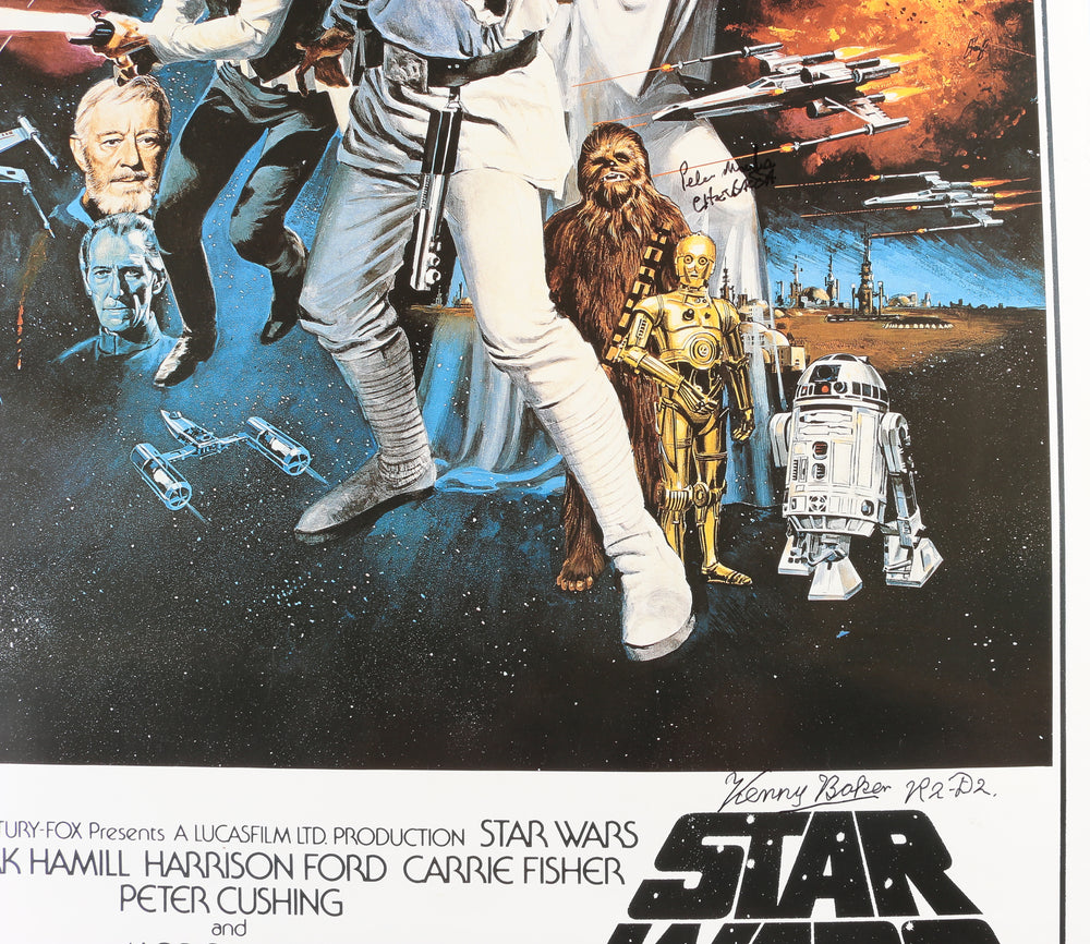 
                  
                    Peter Mayhew as Chewbacca & Kenny Baker as R2-D2 in Star Wars: A New Hope Signed 26.5x40 Poster with Character Names
                  
                