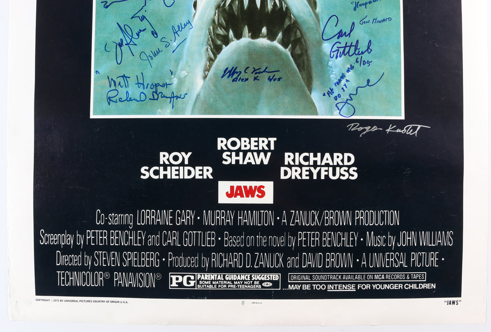 
                  
                    Jaws (K9) 27x40 Poste Cast Signed by Steven Spielberg, Roy Scheider, Richard Dreyfuss, Carl Gottlieb, Jeffrey Kramer, Lee Fierro, Roger Kastel, Jonathan Filley, Jay Mello, Stephen Potter, Belle McDonald, Dick Warlock, Michael Haydn, Carol Fligor, & More
                  
                