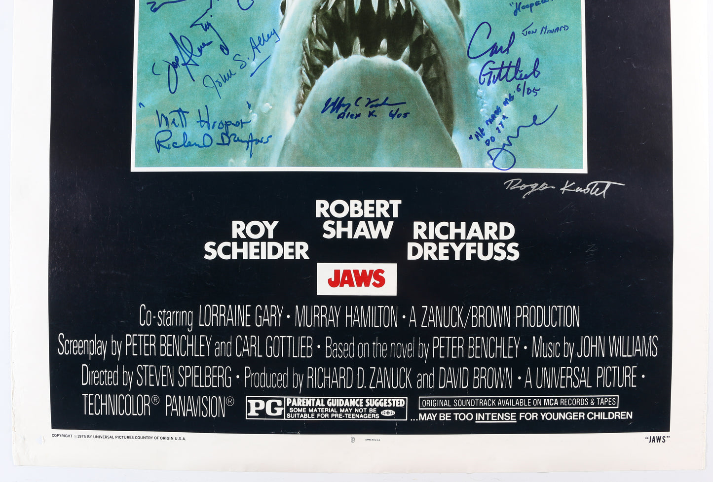 
                  
                    Jaws (K9) 27x40 Poste Cast Signed by Steven Spielberg, Roy Scheider, Richard Dreyfuss, Carl Gottlieb, Jeffrey Kramer, Lee Fierro, Roger Kastel, Jonathan Filley, Jay Mello, Stephen Potter, Belle McDonald, Dick Warlock, Michael Haydn, Carol Fligor, & More
                  
                