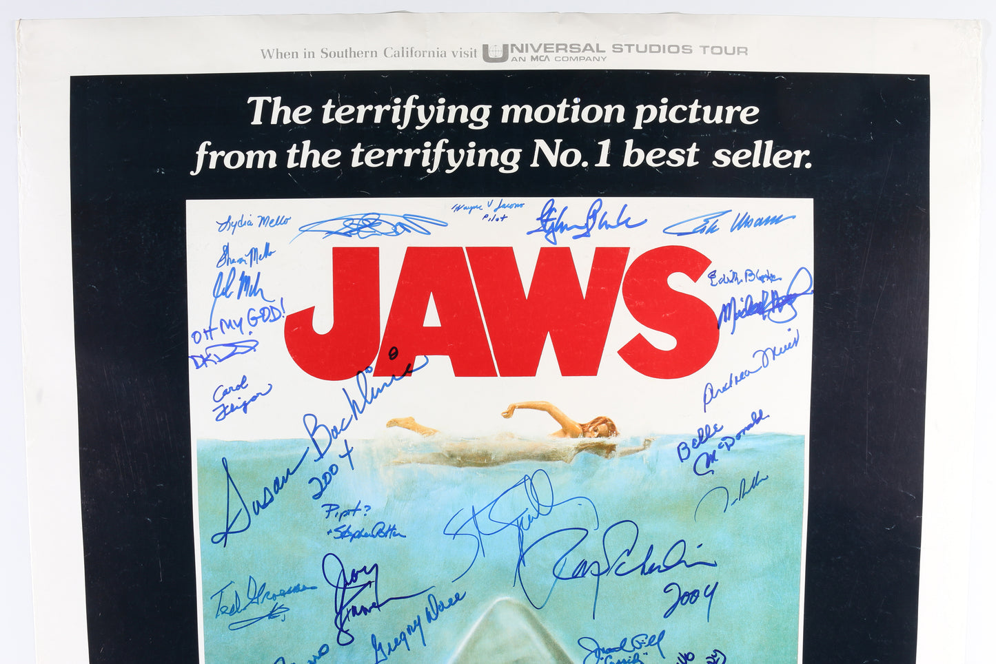 
                  
                    Jaws (K9) 27x40 Poste Cast Signed by Steven Spielberg, Roy Scheider, Richard Dreyfuss, Carl Gottlieb, Jeffrey Kramer, Lee Fierro, Roger Kastel, Jonathan Filley, Jay Mello, Stephen Potter, Belle McDonald, Dick Warlock, Michael Haydn, Carol Fligor, & More
                  
                