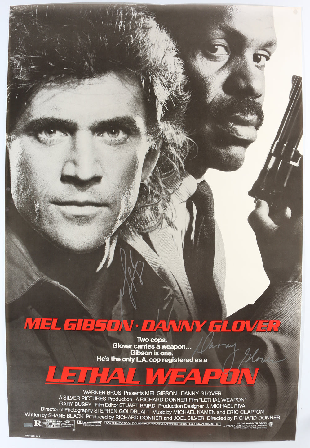 Mel Gibson as Martin Riggs & Danny Glover as Roger Murtaugh in Lethal Weapon (Celebrity Authentics) Signed 27x40 Poster