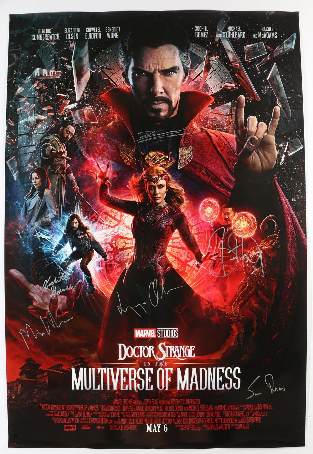 Doctor Strange in the Multiverse of Madness 27x40 Poster Cast Signed by Benedict Cumberbatch, Elizabeth Olsen, Benedict Wong, Xochitl Gomez, Writer: Michael Waldron, & Director: Sam Raimi
